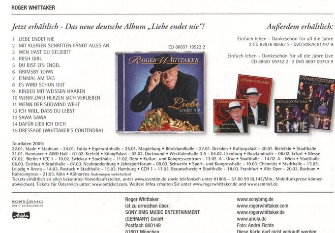 Autogramm Schlager | Roger WHITTAKER | 2008 "Liebe Endet Nie" (Portrait SW Sony)