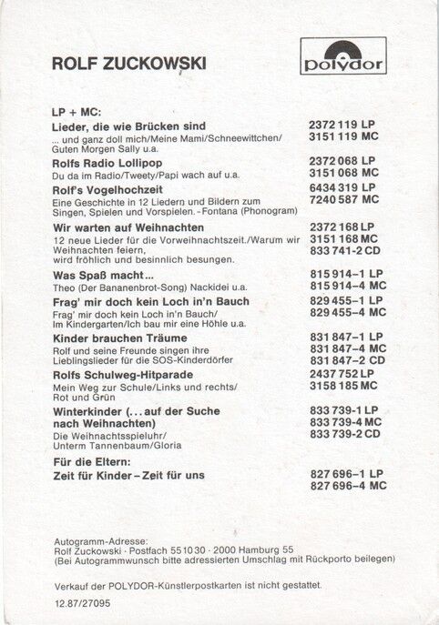 Autogramm Kindermusik | Rolf ZUCKOWSKI | 1982 "Lieder Wie Brücken" (Portrait Color Polydor)