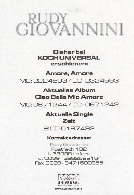 Autogramm Volksmusik | Rudy GIOVANNINI | 2002 "Ciao Bella Mio Amore" (Portrait Color Koch) 2
