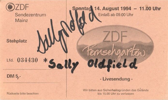 Autogramm Pop (UK) | Sally OLDFIELD | 1994 (Ticket Fernsehgarten)