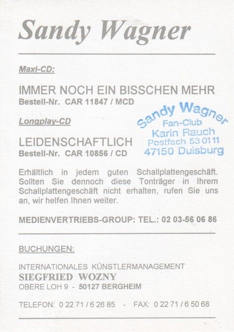 Autogramm Schlager | Sandy WAGNER | 1995 "Leidenschaftlich" (Portrait Color)