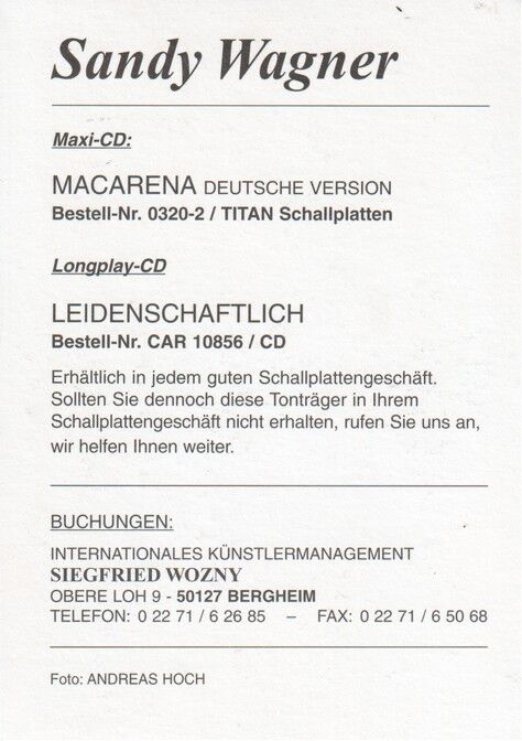 Autogramm Schlager | Sandy WAGNER | 1996 "Macarena" (Portrait Color)