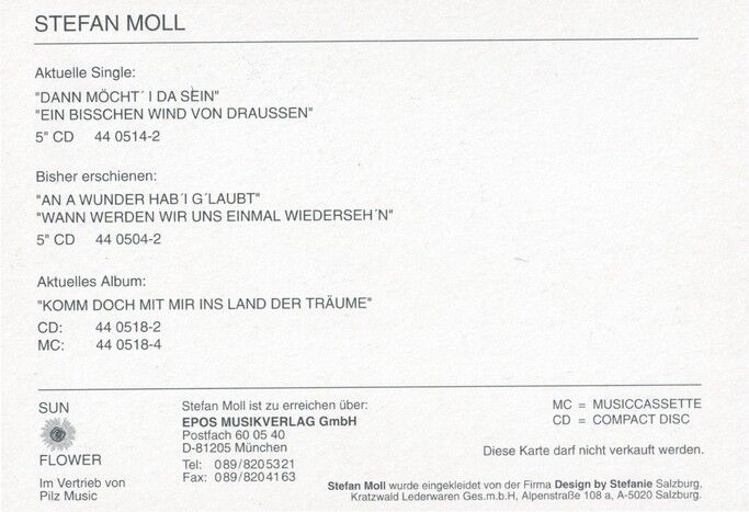 Autogramm Schlager | Stefan MOLL | 1993 "Komm Doch Mit Mir" (Portrait Color Sunflower)