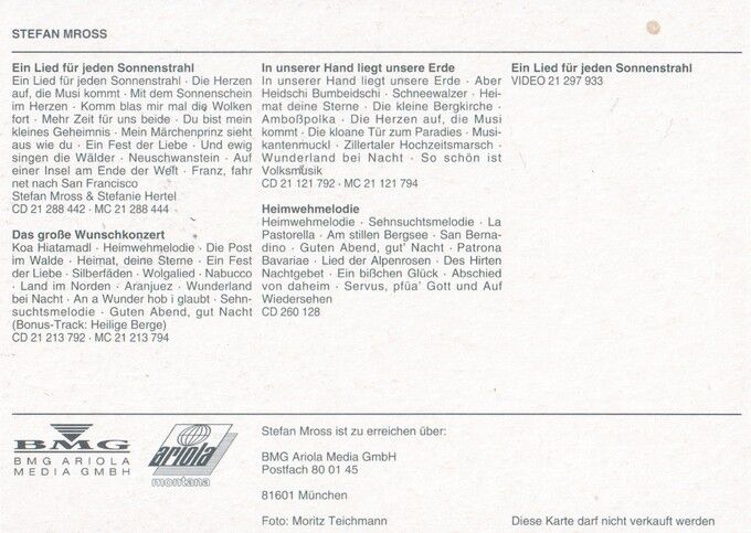Autogramm Volksmusik | Stefan MROSS | 1995 "Sonnenstrahl" (Portrait Color BMG)