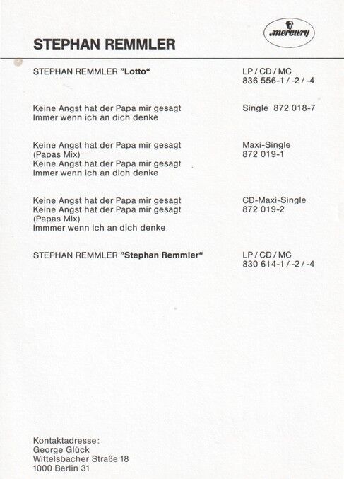 Autogramm Pop | Stephan REMMLER | 1988 "Lotto" (Portrait Color Mercury)