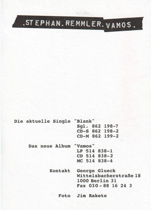 Autogramm Pop | Stephan REMMLER | 1993 "Vamos" (Portrait SW Rakete)