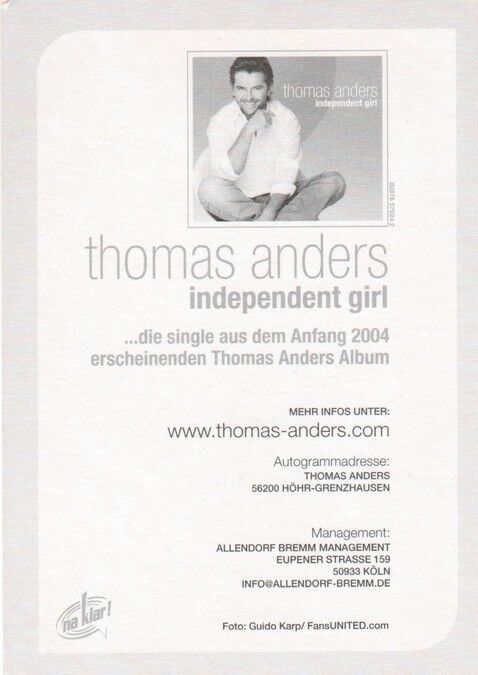 Autogramm Pop | Thomas ANDERS | 2003 "Independent Girl" (Portrait Color)