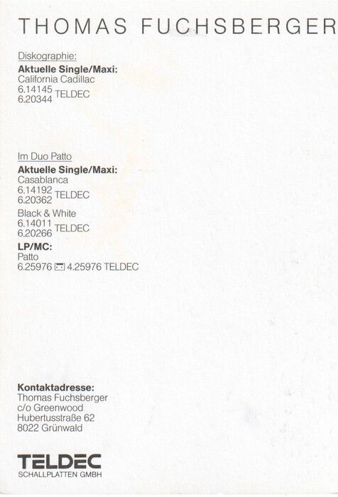 Autogramm Schlager | Thomas FUCHSBERGER | 1984 "California Cadilla" (Portrait Color Teldec)
