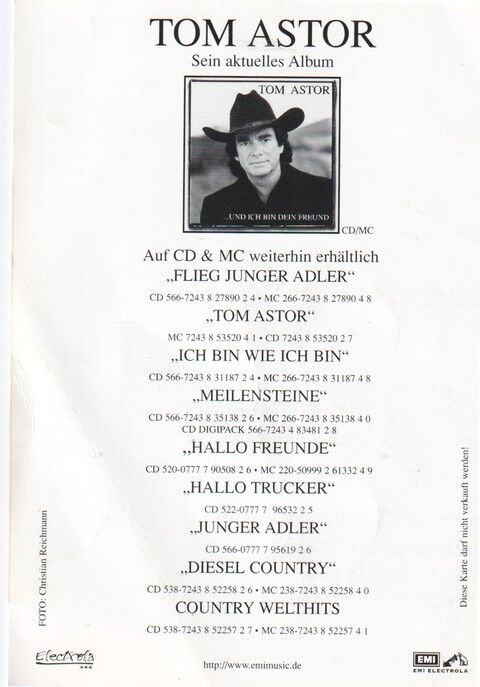 Autogramm Country | Tom ASTOR | 1998 "Dein Freund" (Portrait Color EMI)