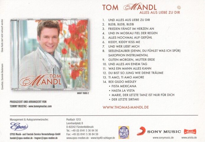 Autogramm Schlager | Tom MANDL | 2010 "Alles Aus Liebe" (Portrait Color Ariola)