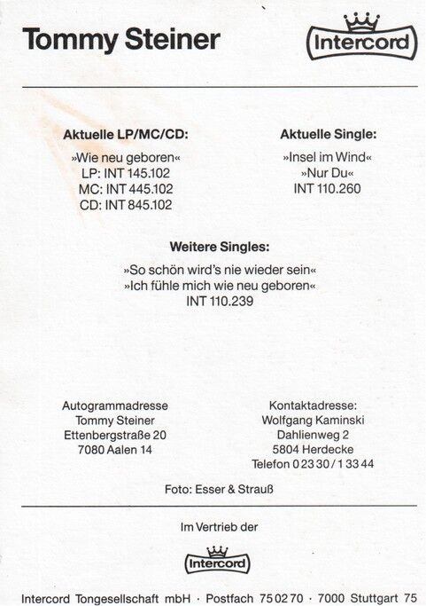 Autogramm Schlager | Tommy STEINER | 1987 "Wie Neu Geboren" (Portrait Color Intercord)