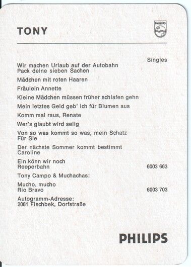 Autogramm Schlager | TONY | 1978 "Mucho Mucho" (Portrait Color Philips)