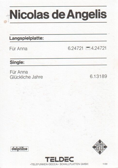 Autogramm Gitarre (FRA) | Nicolas DE ANGELIS | 1981 "Anna" (Portrait Color Teldec)