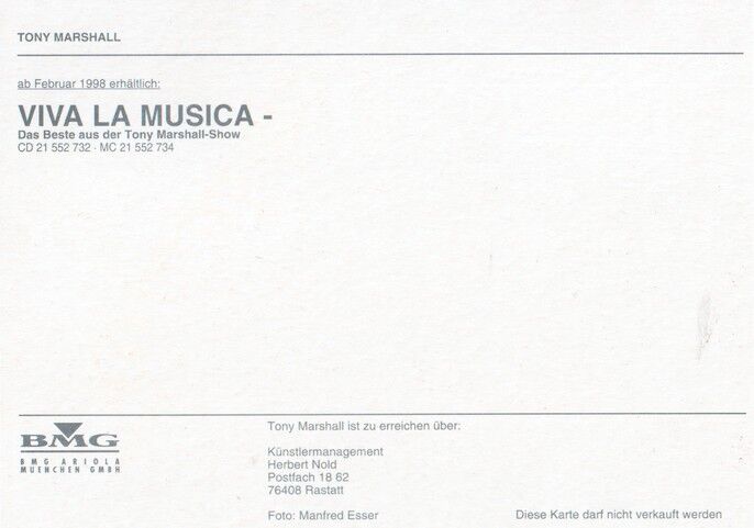 Autogramm Schlager | Tony MARSHALL | 1998 "Viva La Musica" (Portrait Color BMG)