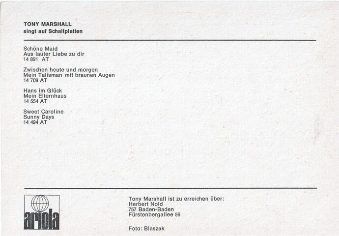 Autogramm Schlager | Tony MARSHALL | 1971 "Schöne Maid" (Portrait SW Ariola)