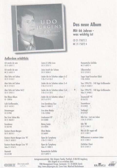 Autogramm Schlager | Udo JÜRGENS | 2000 "Mit 66 Jahren" (Portrait Color BMG)