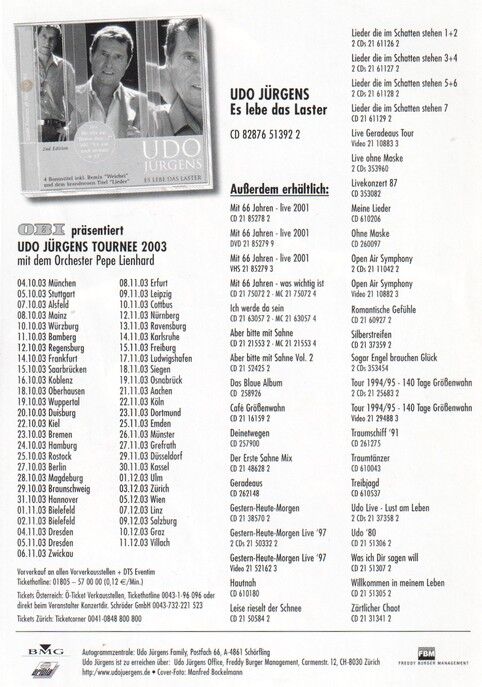 Autogramm Schlager | Udo JÜRGENS | 2002 Druck "Es Lebe Das Laster" (Portrait Color BMG)
