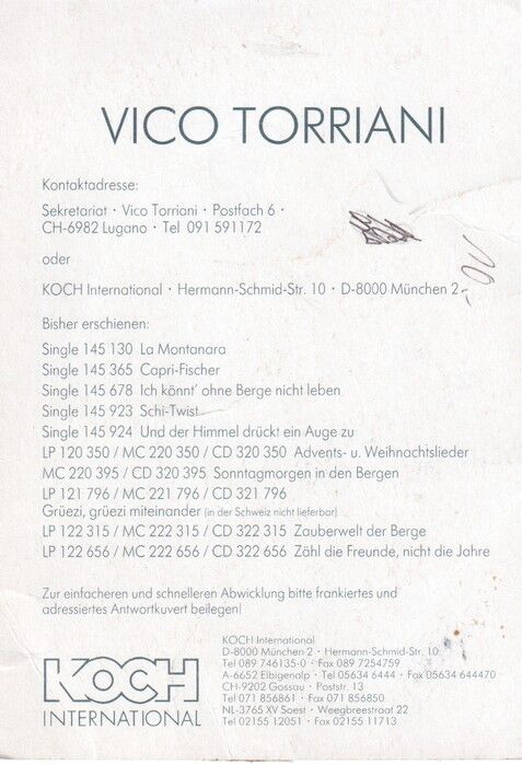 Autogramm Schlager | Vico TORRIANI | 1991 "Zähl Die Freunde" (Portrait Color Koch) 2