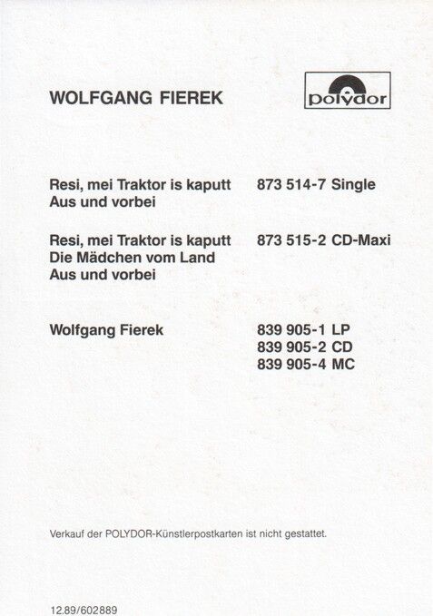 Autogramm Schlager | Wolfgang FIEREK | 1990 "Resi Mei Traktor" (Portrait Color Polydor)