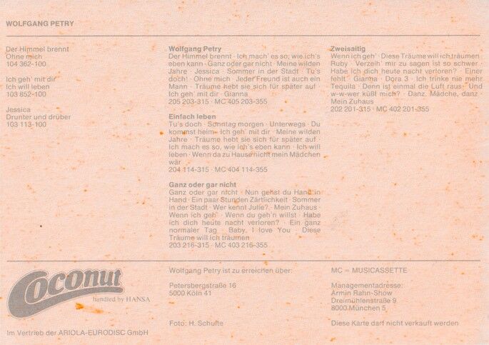 Autogramm Schlager | Wolfgang PETRY | 1982 "Der Himmel Brennt" (Portrait Color Coconut)
