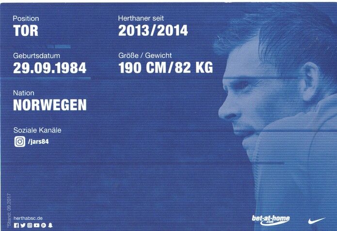 Autogramm Fussball | Hertha BSC Berlin | 2017 | Rune JARSTEIN