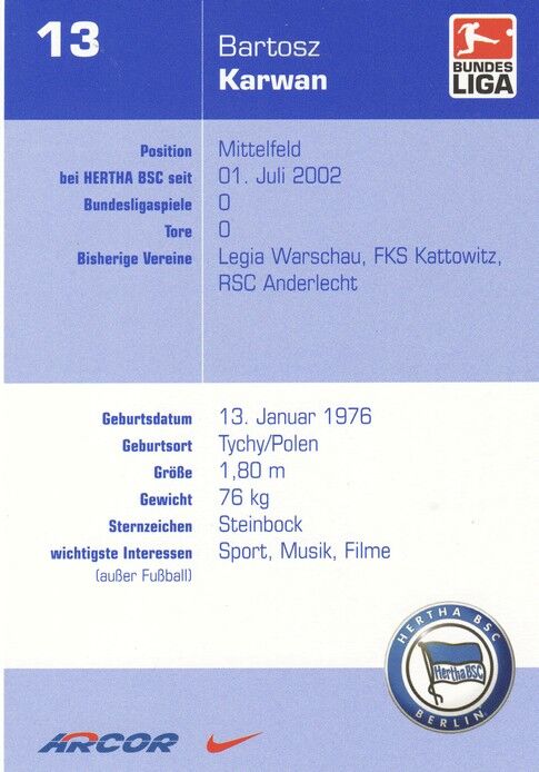 Autogramm Fussball | Hertha BSC Berlin | 2002 | Bartosz KARWAN
