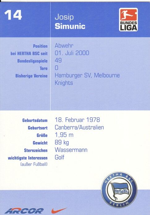 Autogramm Fussball | Hertha BSC Berlin | 2002 | Josip SIMUNIC