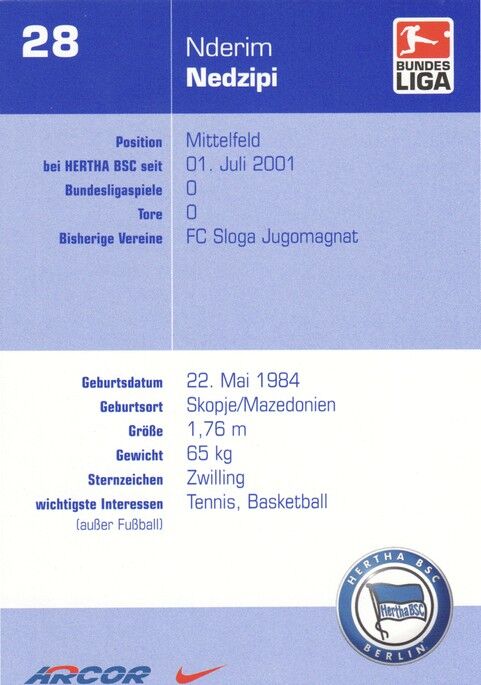 Autogramm Fussball | Hertha BSC Berlin | 2002 | Nderim NEDZIPI