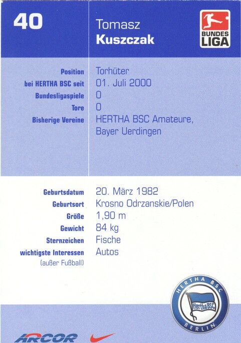 Autogramm Fussball | Hertha BSC Berlin | 2002 | Tomasz KUSZCZAK