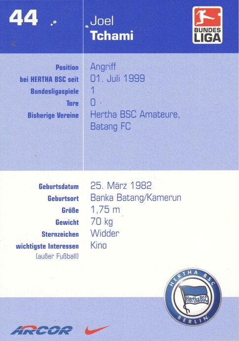 Autogramm Fussball | Hertha BSC Berlin | 2002 | Joel TCHAMI