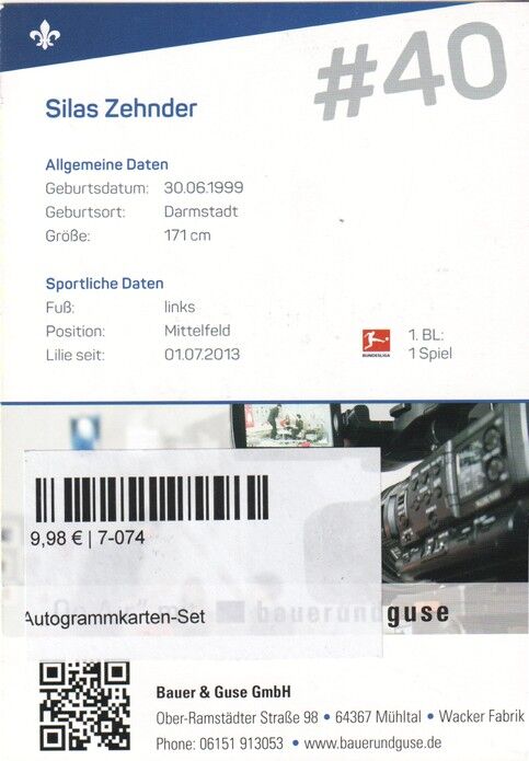 Autogramm Fussball | SV Darmstadt 98 | 2017 | Silas ZEHNDER