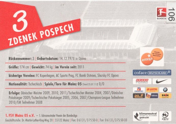 Autogramm Fussball | FSV Mainz 05 | 2011 | Zdenek POSPECH