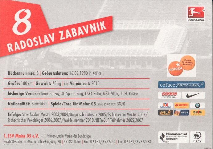 Autogramm Fussball | FSV Mainz 05 | 2011 | Radoslav ZABAVNIK