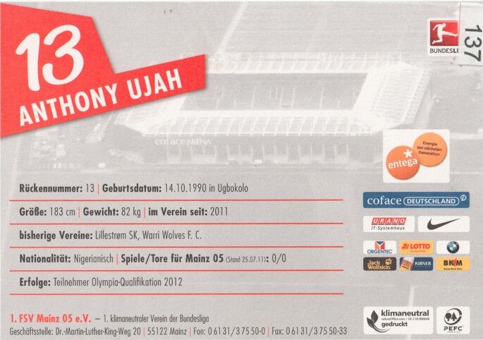 Autogramm Fussball | FSV Mainz 05 | 2011 | Anthony UJAH