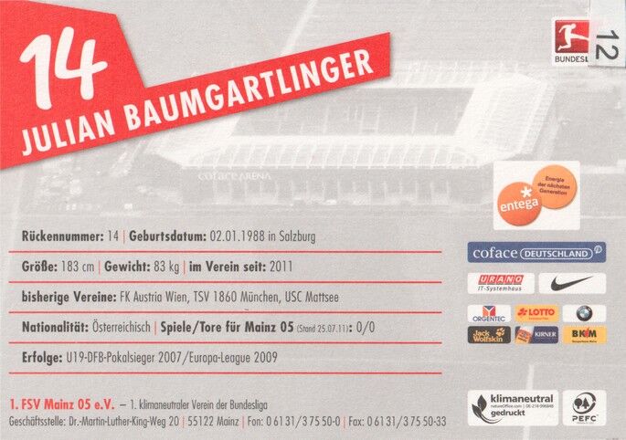 Autogramm Fussball | FSV Mainz 05 | 2011 | Julian BAUMGARTLINGER