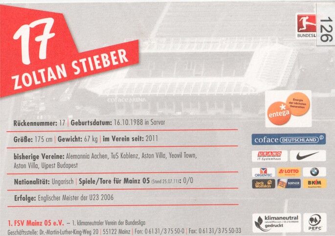 Autogramm Fussball | FSV Mainz 05 | 2011 | Zoltan STIEBER