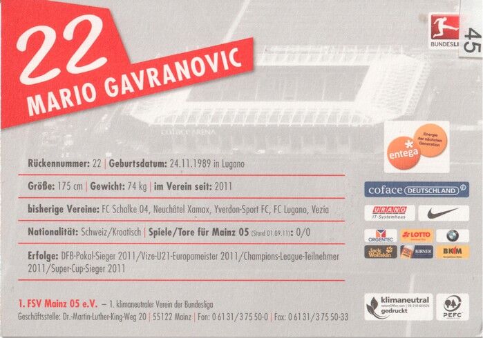 Autogramm Fussball | FSV Mainz 05 | 2011 | Mario GAVRANOVIC