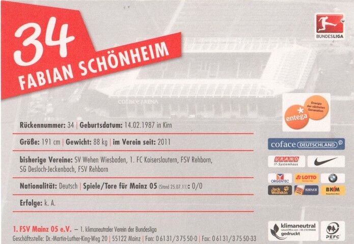 Autogramm Fussball | FSV Mainz 05 | 2011 | Fabian SCHÖNHEIM