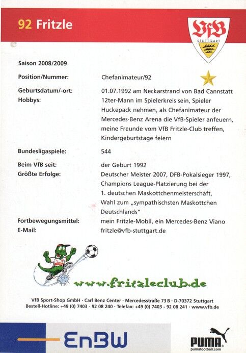 Autogramm Fussball | VfB Stuttgart | 2008 | FRITZLE (Maskottchen)