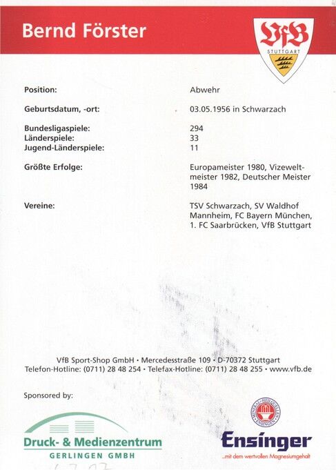 Autogramm Fussball | VfB Stuttgart | 2010er TM | Bernd FÖRSTER