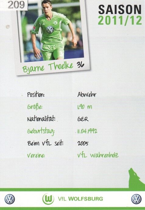 Autogramm Fussball | VfL Wolfsburg | 2011 | Bjarne THOELKE