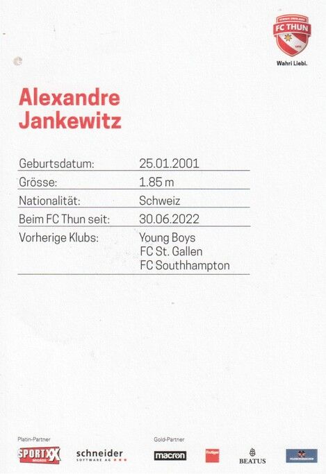 Autogramm Fussball | FC Thun | 2022 | Alexandre JANKEWITZ