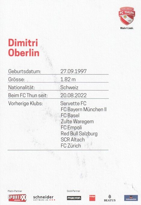 Autogramm Fussball | FC Thun | 2022 | Dimitri OBERLIN