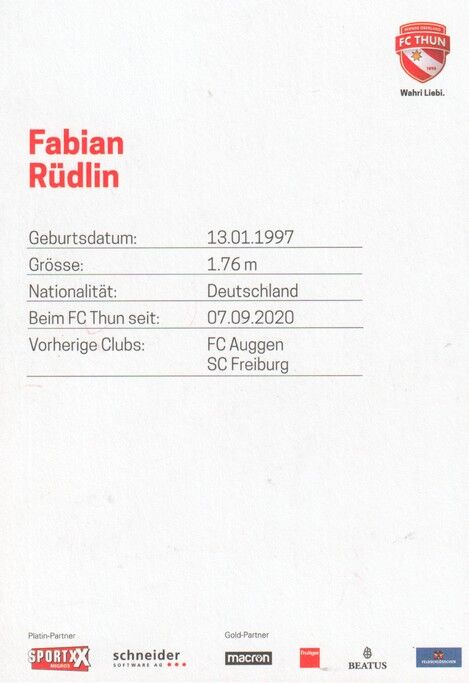 Autogramm Fussball | FC Thun | 2022 | Fabian RÜDLIN