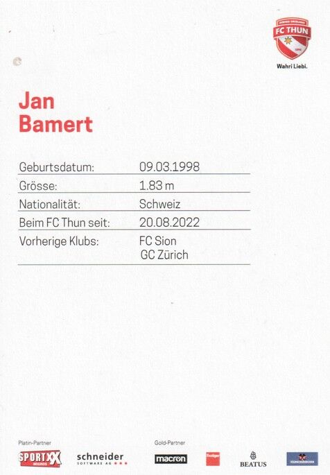 Autogramm Fussball | FC Thun | 2022 | Jan BAMERT