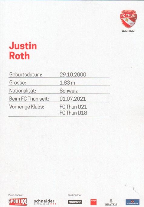 Autogramm Fussball | FC Thun | 2022 | Justin ROTH