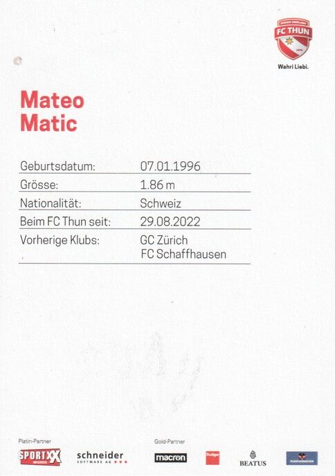 Autogramm Fussball | FC Thun | 2022 | Mateo MATIC