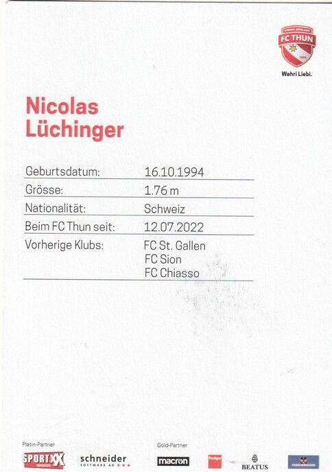 Autogramm Fussball | FC Thun | 2022 | Nicolas LÜCHINGER