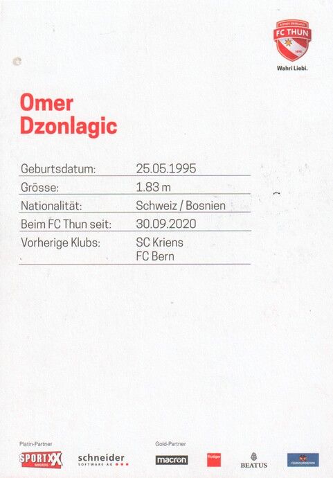 Autogramm Fussball | FC Thun | 2022 | Omer DZONLAGIC
