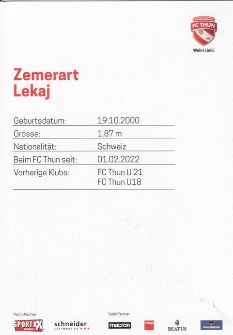 Autogramm Fussball | FC Thun | 2022 | Zemerart LEKAJ